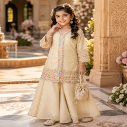 Girls Premium Embroidered Kurti Palazzo Set with Dupatta & Potli Bag